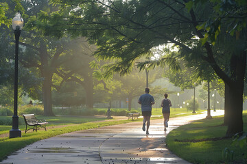 Canvas Print - Early morning joggers press on - their spirits undeterred by the embrace of humidity and rising heat