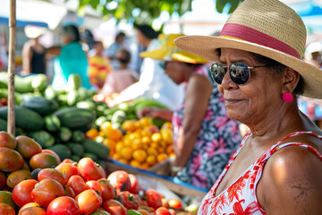 Canvas Print - Marketgoers armed with sunhats and sunglasses pick summer's bounty - their choices a strategy against the heat