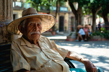 Wall Mural - An elderly man with a handheld fan, sitting on a shaded bench, gazing at a sun-drenched plaza