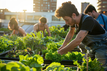 Wall Mural - Urban gardeners evade the midday heat by tending to rooftop vegetable patches in the early hours