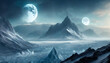 Surreal landscape with icy mountains, two moons, and a frozen lake under a mystical sky. Generative Ai