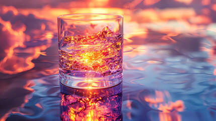 A glass of water with ice cubes in it is sitting on a table. The water is reflecting the sky and the sun, creating a serene and peaceful atmosphere