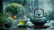 Japanese  teapot with green tea in a tea cup 