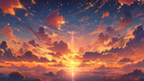 Fototapeta  - Hand drawn cartoon beautiful dusk clouds and starry sky illustration
