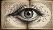 Retro, vintage style drawing of human eye growing out of the book