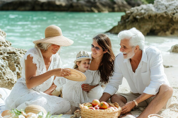 Three generations share a moment of connection, a spontaneous beachside picnic, surrounded by laughter and love.