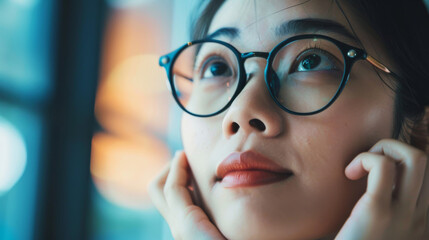 A woman with glasses is looking at something