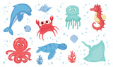 Fototapeta Dinusie - Sea animals cute set isolated on white background. Vector illustration of octopus, stingray, jellyfish, crab, dolphin, seahorse, turtle, seashells. Style for children. Marine life, sea world.