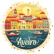 Flat Illustration of Aveiro with Pastel-Colored Candy-Striped Houses

