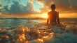 Man in water at sunset, admiring sky and horizon in natural landscape