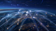 A visualization of a global aviation network with illuminated flight paths over the nocturnal lights of Earth, symbolizing connectivity.