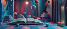Open Book Surreal Scene With Levitating Balls Checkerboard Floor Abstract Room