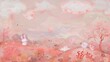 In a soft and dreamy landscape, whimsical creatures of pink hues frolic under a sky painted with the gentlest blush, inviting one into a realm of imagination low texture