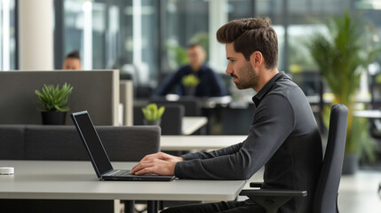 Poster - male worker working in laptop sitting at desk in modern technology company office 