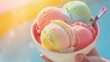 Beneath the summer sun, a bowl of pastel rainbow ice cream becomes a joyful celebration, its colors as soft and inviting as a daydream low noise