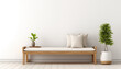 Bright airy living room with a comfortable wooden bench stylish pillows and potted plants