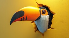 3D Cartoon Happy Toucan Breaks Through Wall, Orange Background