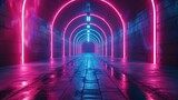 Fototapeta Perspektywa 3d - Abstract empty futuristic tunnel with neon lights glowing in blue and pink colors, 3d illustration background