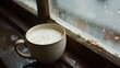 A cup of warm, creamy milk made from powder sits beside a window on a rainy day, its presence a nostalgic comfort from childhood low texture