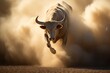 A large bull raises dust with its furious running against the backdrop of sunset rays, a symbol of the state of Texas, bullfighting