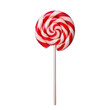 Close up of a red and white lollipop on stick