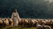 Christ the Divine Shepherd: Jesus Walking Through a Field Followed by a Flock of Sheep