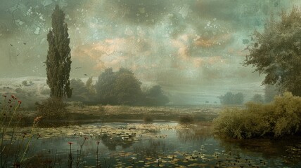 Canvas Print - Rustic landscape with water lilies and sunset - The warm hues of sunset reflect off a pond filled with water lilies surrounded by rustic countryside and distant trees