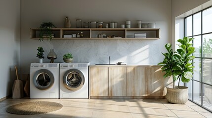 Modern laundry room interior, front-loading washing machine, organized shelves with essentials in background.