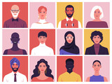 Fototapeta Panele - A set of smiling faces of people of different races and nations. Diversity. Happy modern young and old person avatars. Society and population. Vector flat Illustration