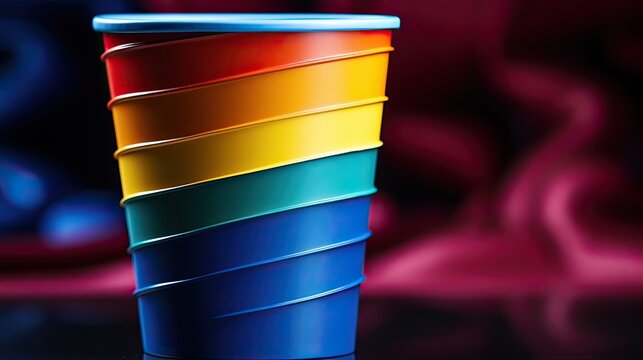 LGBTQ colors on cup on table, space for text