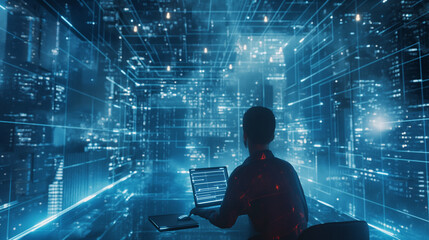 Poster - person working on laptop in a futuristic technology room 