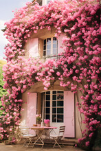 Enchanted Summer Day: Pink Blossoms Overflow On A Charming Cottage Facade