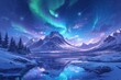 A breathtaking view of the Northern Lights dancing above snowcovered mountains, with vibrant green and purple lights reflecting off the water below. 