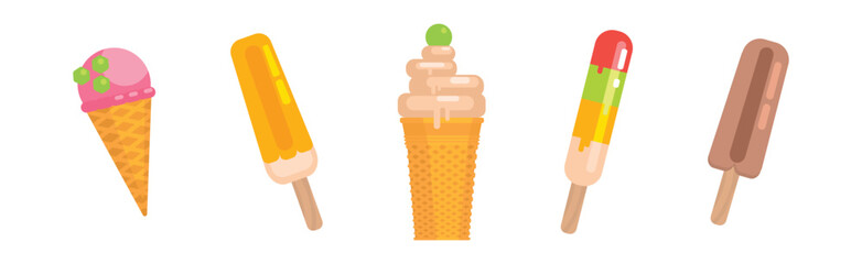 Sticker - Sweet Ice Cream Frozen Dessert Flat Icon Vector Set