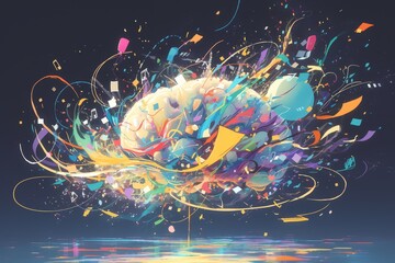 Wall Mural - A colorful brain with vibrant colors and artistic splashes, set against a dark background, representing creativity in the style of design thinking for business innovation. 