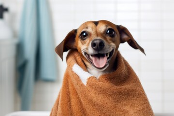 Cute happy puppy dog wrapped in towel after bath just washed at home, concept of grooming salon or goods for treatment for domestic pets