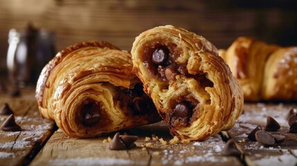 Crookie croissant with filling chocolate chip cookie dough. crookie croissant and cup latte. top view.  free place for text.