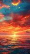 vibrant sunset over a tranquil ocean, with fiery hues painting the sky and casting a warm glow over the calm waters below