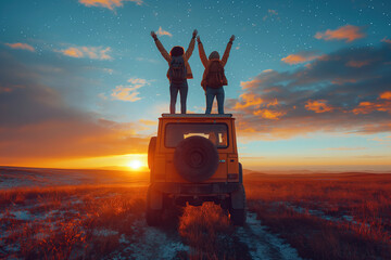 Wall Mural - couple of happy travelers stands on roof suv on background of sunrise sky in nature on summer trip