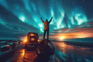 Wall Mural - male traveler stand on stone next to suv on background of night starry sky with polar northern light