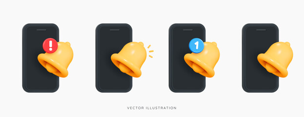 Poster - 3d phone with bell notification set icon. new incoming inbox message. social media reminder. subscri