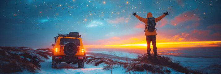 Wall Mural - happy male traveler standing next to suv next sea in nature on winter expedition