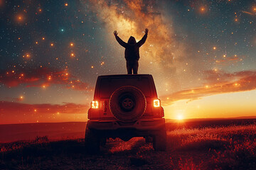Wall Mural - back of man traveler standing on roof of an suv on background of night starry sky with milky way in 