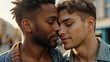Men gay  international couple in love, about to kiss, intimate moment. Brazilian man and blond caucasian boyfriend. LGBTIQ+ rights