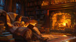 A person relaxes with a book on an armchair by the warmth of a crackling fireplace, surrounded by shelves of books