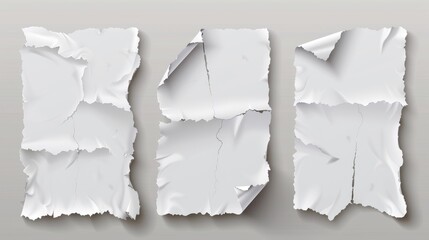Poster - Paper sheets with torn edges. Ripped and crumpled notes and scraps isolated on gray background. Blank paper pages pieces, modern realistic illustration.