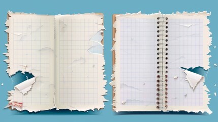 Poster - Paper scraps and scrapbooks with torn edges. Old blank copybook and notepad pages. Modern realistic illustration.