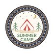 Summer camp badge or logo. Outdoor camping emblem with tent and forest. Scout, travel concept. Vector illustration.