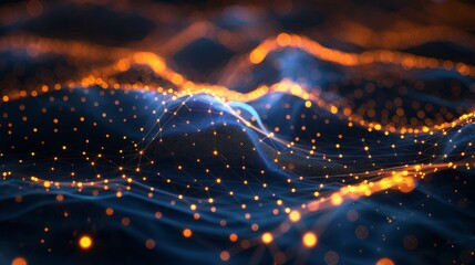 Poster - Three-dimensional rendering of a digital abstract network of blue and yellow lines and dots.