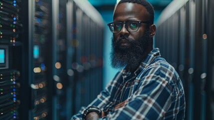 Fototapete - The image shows a black bearded IT engineer standing in a working data center server room with racks of servers.